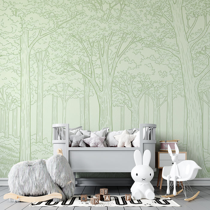 Papier peint chambre bébé | Forêt apaisante avec arbres délicats