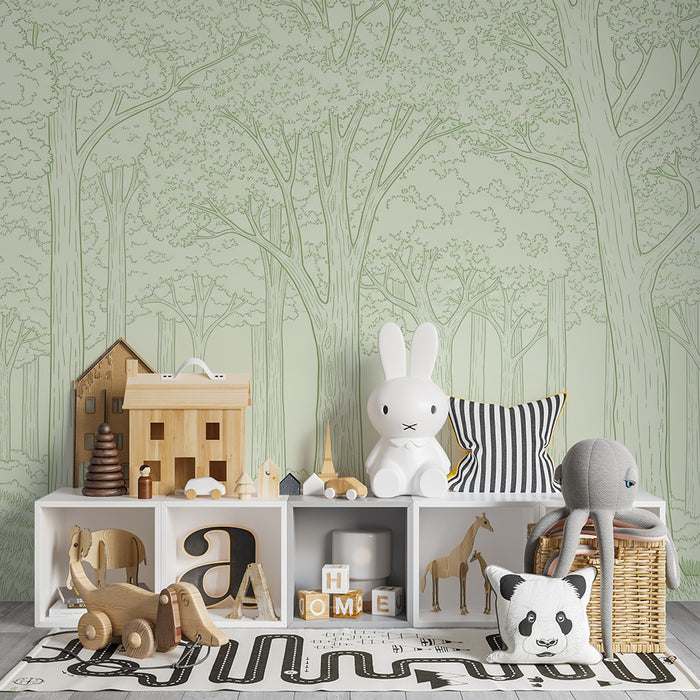 Papier peint chambre bébé | Forêt apaisante avec arbres délicats