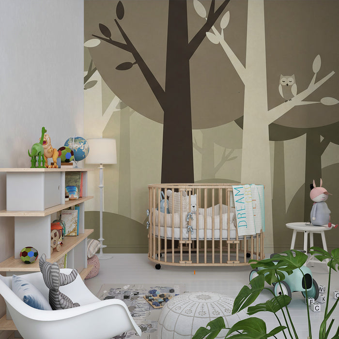 Tapet till babyrum | Lugnande skog med ugglor och stiliserade träd