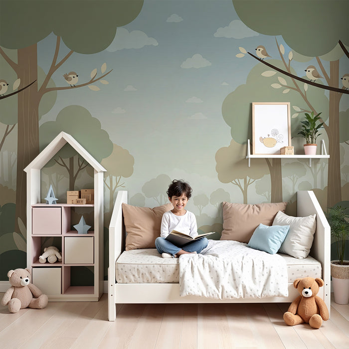 Papier peint chambre bébé | Forêt apaisante avec oiseaux et feuillage doux