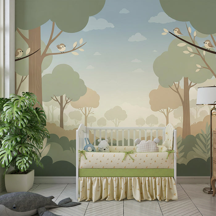 Papier peint chambre bébé | Forêt apaisante avec oiseaux et feuillage doux