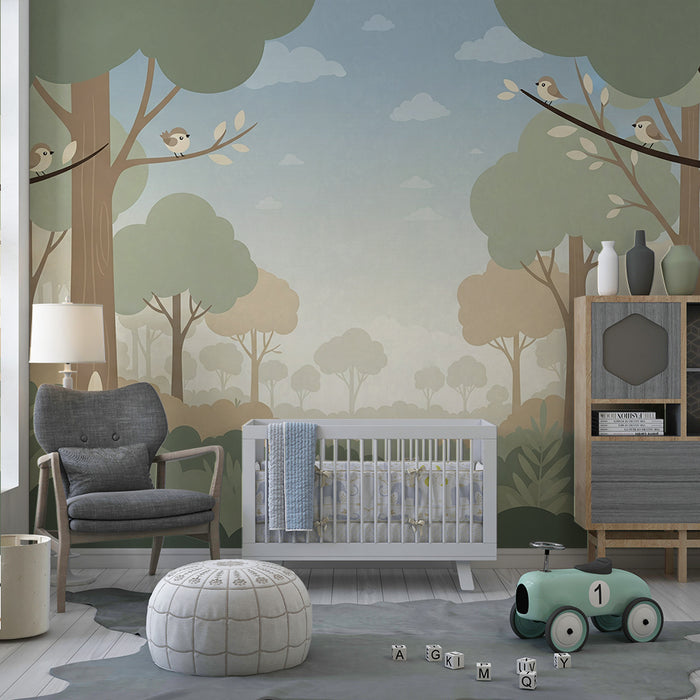 Papier peint chambre bébé | Forêt apaisante avec oiseaux et feuillage doux