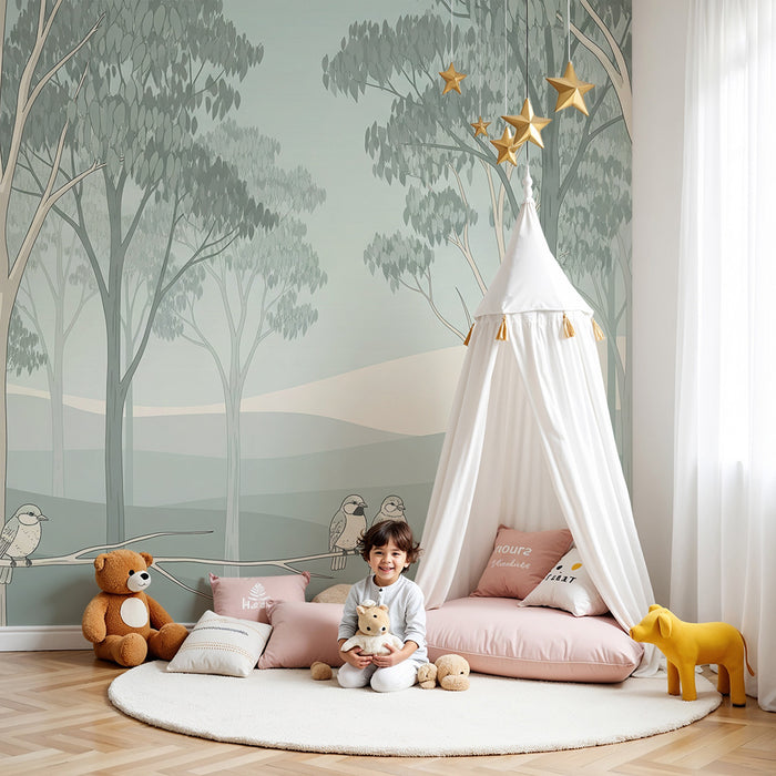 Papel de parede para quarto de bebé | Floresta tranquila com pássaros em ramos