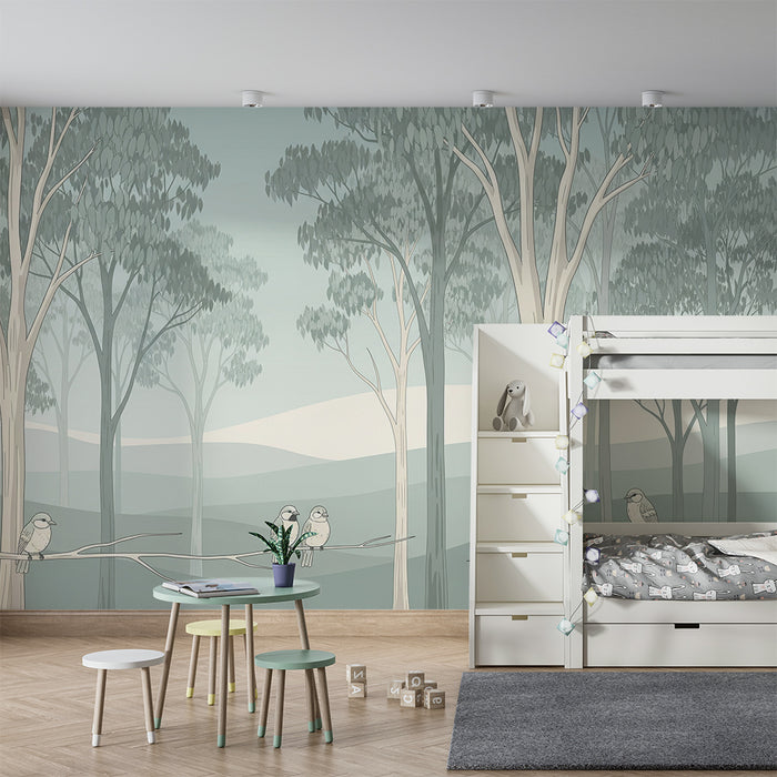 Papel de parede para quarto de bebé | Floresta tranquila com pássaros em ramos