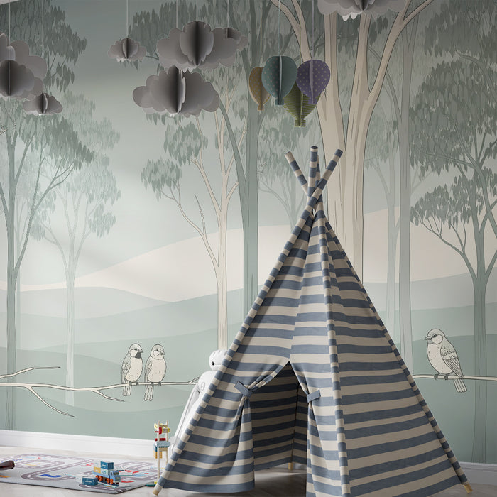 Papel de parede para quarto de bebé | Floresta tranquila com pássaros em ramos