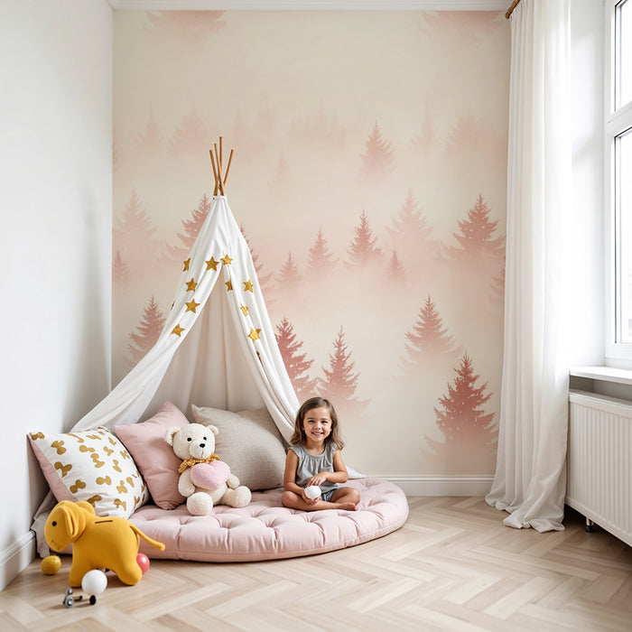 Babykamer behang | Mistig bos met zachte roze tinten