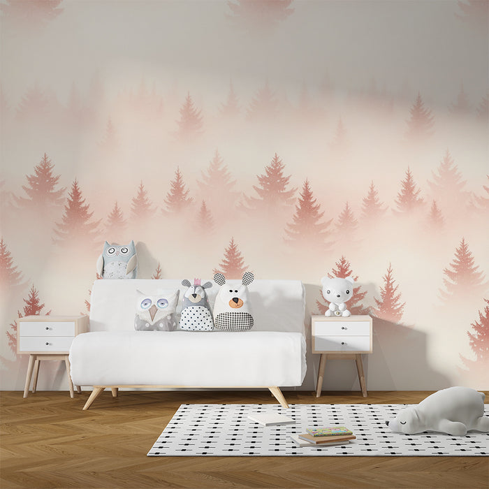Babykamer behang | Mistig bos met zachte roze tinten