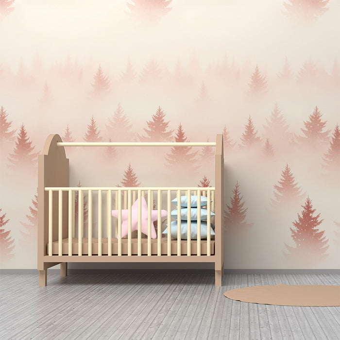 Babykamer behang | Mistig bos met zachte roze tinten