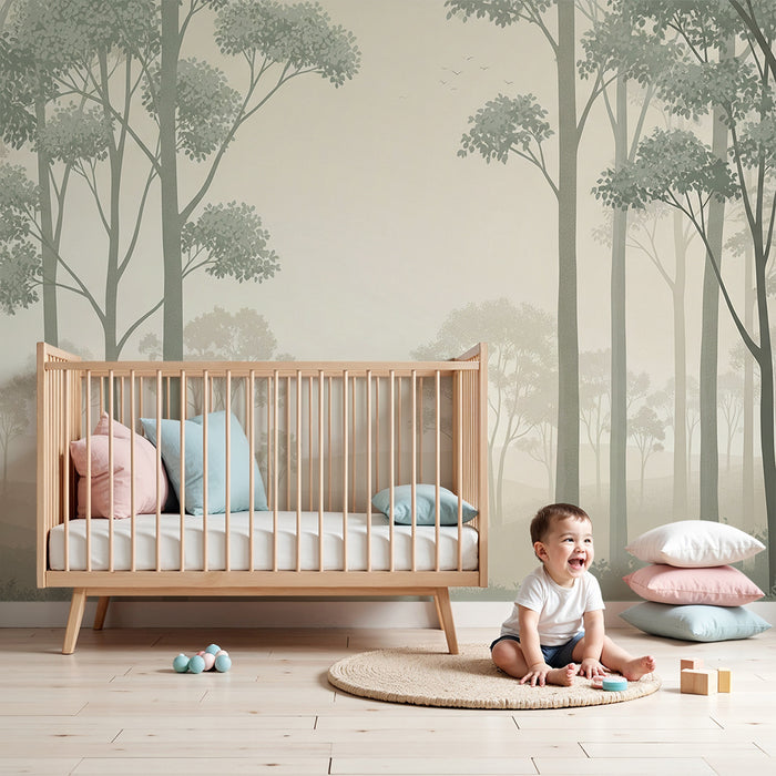 Papier peint chambre bébé | Forêt brumeuse avec arbres délicats