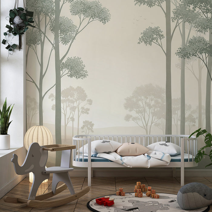 Papier peint chambre bébé | Forêt brumeuse avec arbres délicats