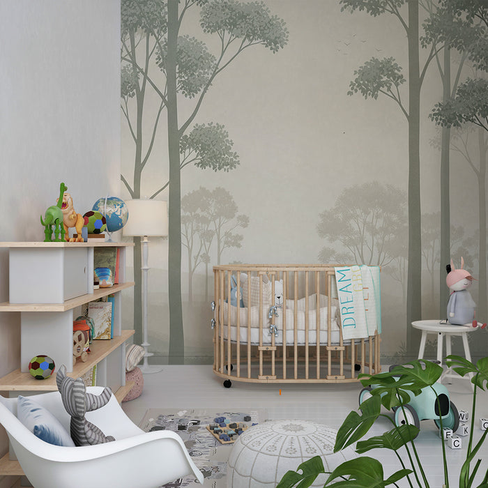 Papier peint chambre bébé | Forêt brumeuse avec arbres délicats