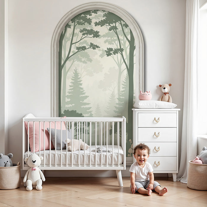Papier peint chambre bébé | Forêt brumeuse avec arbres et champignons délicats