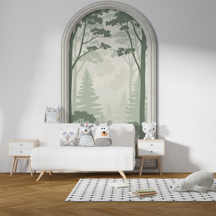 Papier peint chambre bébé | Forêt brumeuse avec arbres et champignons délicats