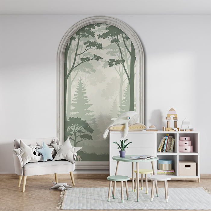 Papier peint chambre bébé | Forêt brumeuse avec arbres et champignons délicats