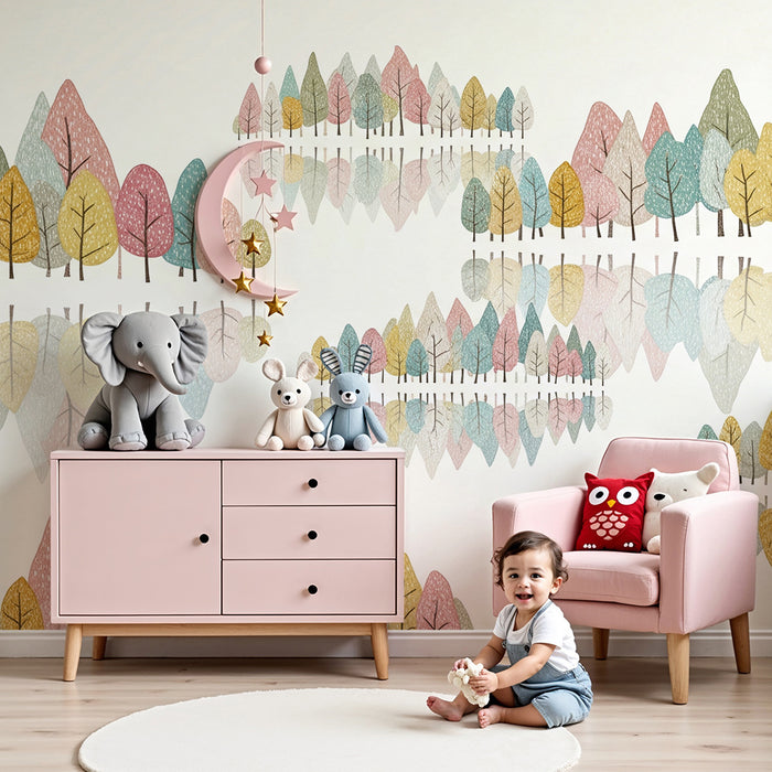 Babykamer behang | Kleurrijk bos met rustgevende reflecties
