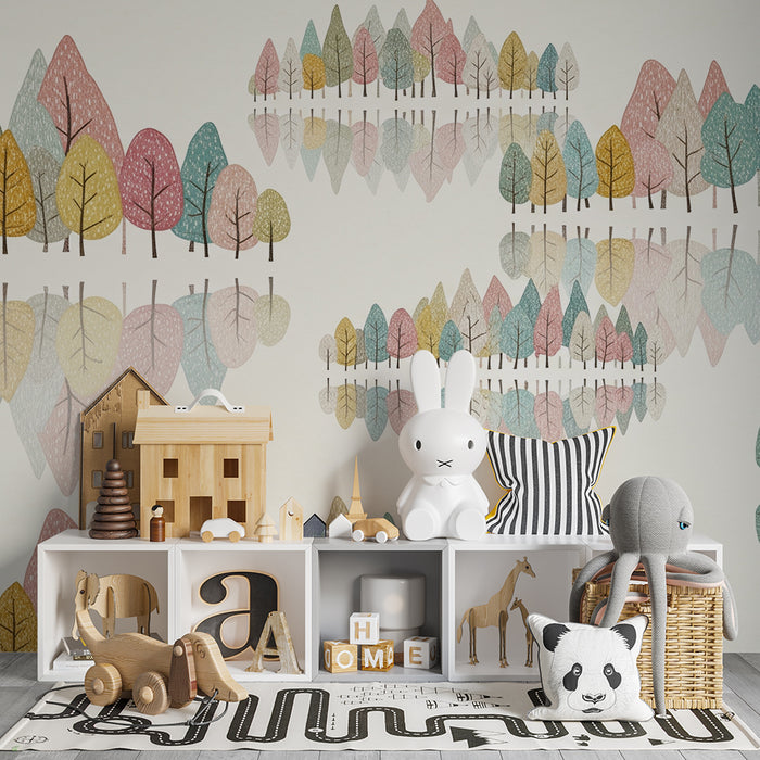 Babykamer behang | Kleurrijk bos met rustgevende reflecties