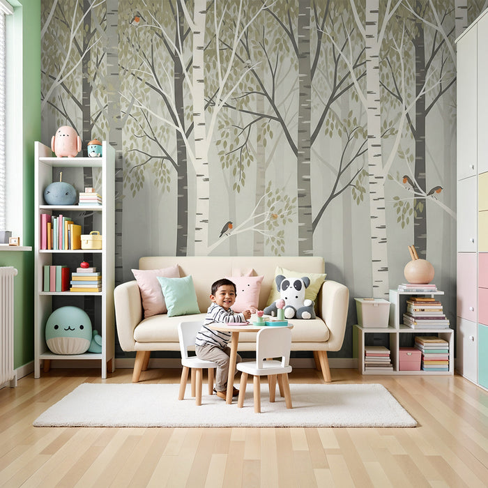 Baby room wallpaper | Birch forest with colorful birds