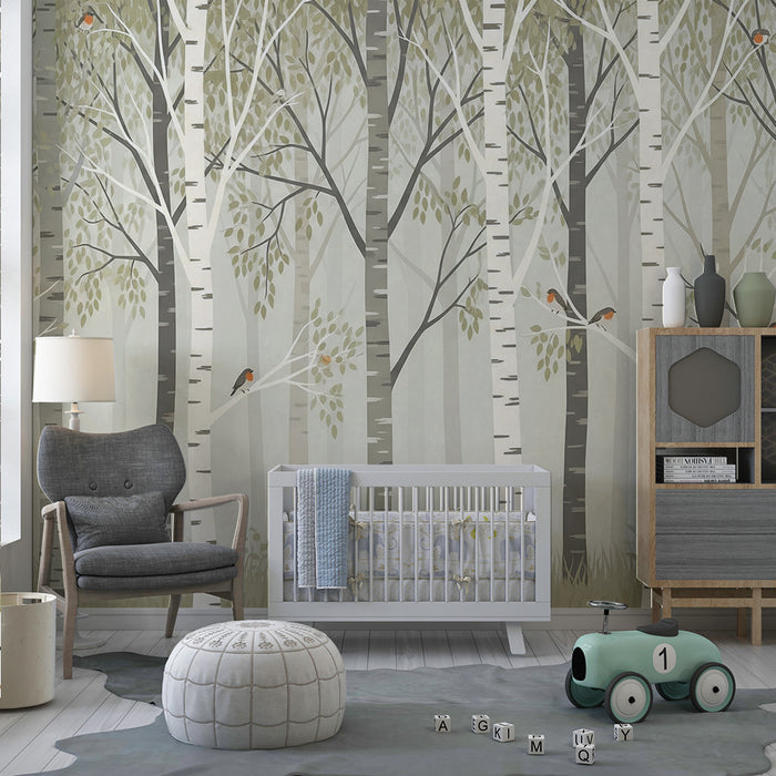 Baby room wallpaper | Birch forest with colorful birds