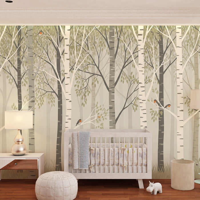 Baby room wallpaper | Birch forest with colorful birds