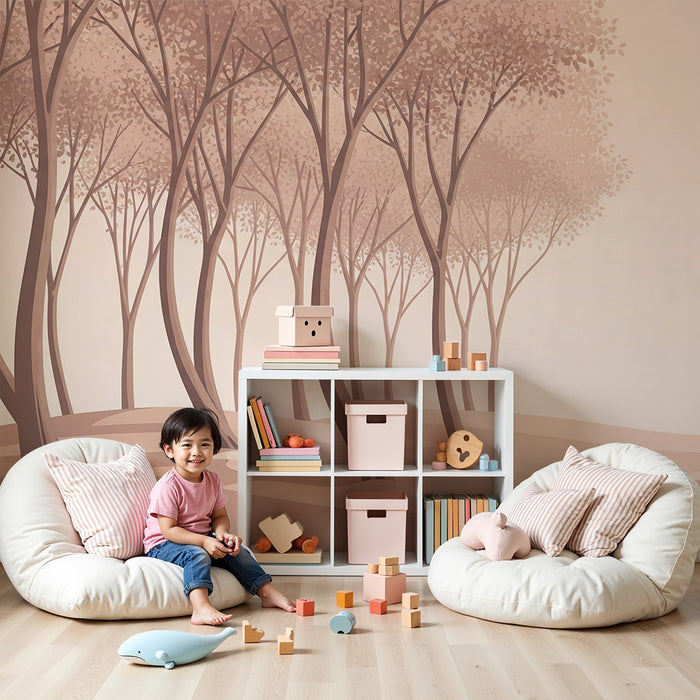Nursery room wallpaper | Gyengéd pasztell színekkel rendelkező erdő stilizált fákkal