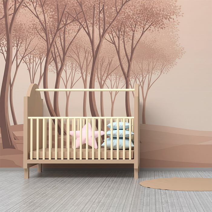 Nursery room wallpaper | Gyengéd pasztell színekkel rendelkező erdő stilizált fákkal