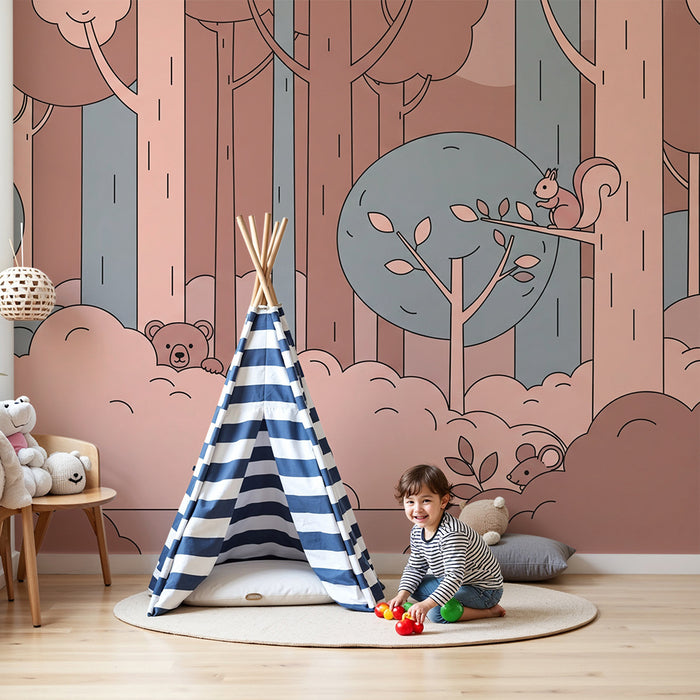 Lastenhuoneen tapetti | Lempeä metsä söpöillä eläimillä