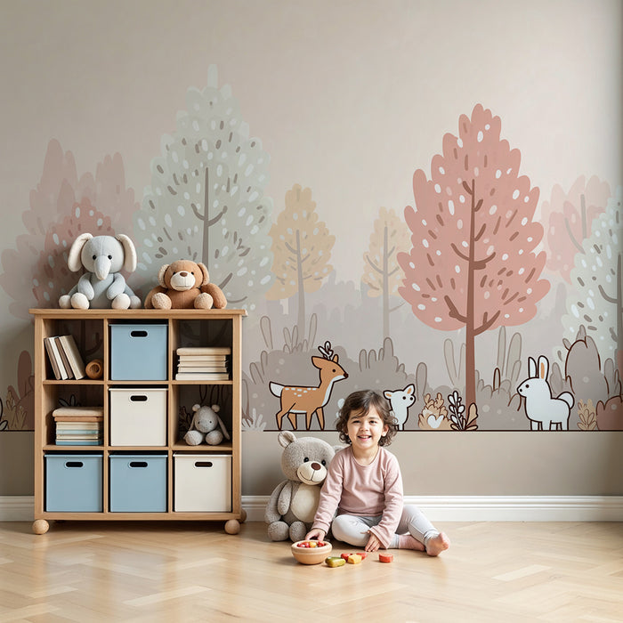 Babyzimmer Tapete | Sanfter Wald mit süßen Tieren und Pastellbäumen