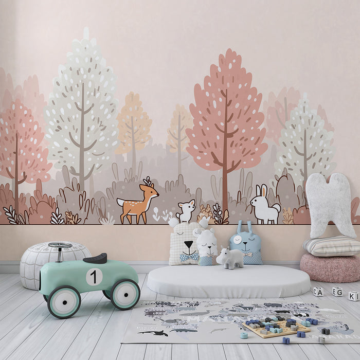 Babyzimmer Tapete | Sanfter Wald mit süßen Tieren und Pastellbäumen