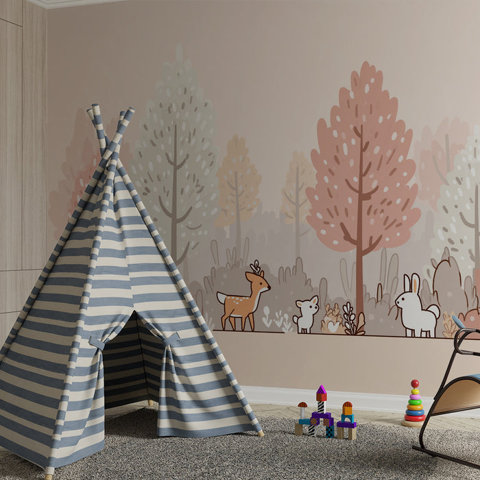 Babyzimmer Tapete | Sanfter Wald mit süßen Tieren und Pastellbäumen