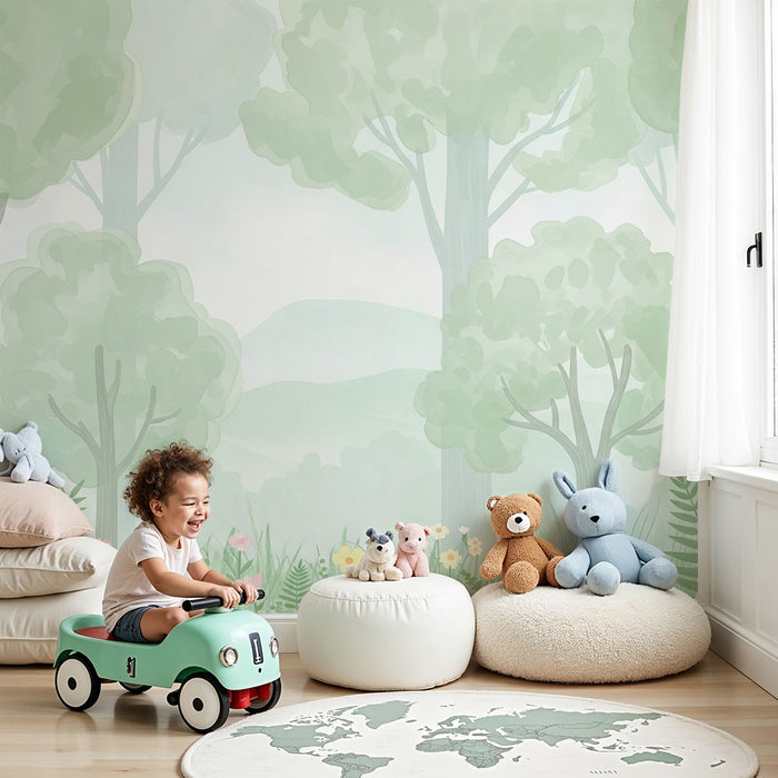 Papel de parede para quarto de bebé | Floresta suave com árvores e flores pastel