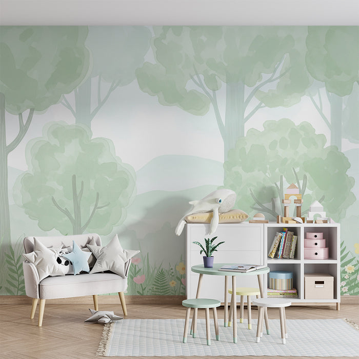 Papel de parede para quarto de bebé | Floresta suave com árvores e flores pastel