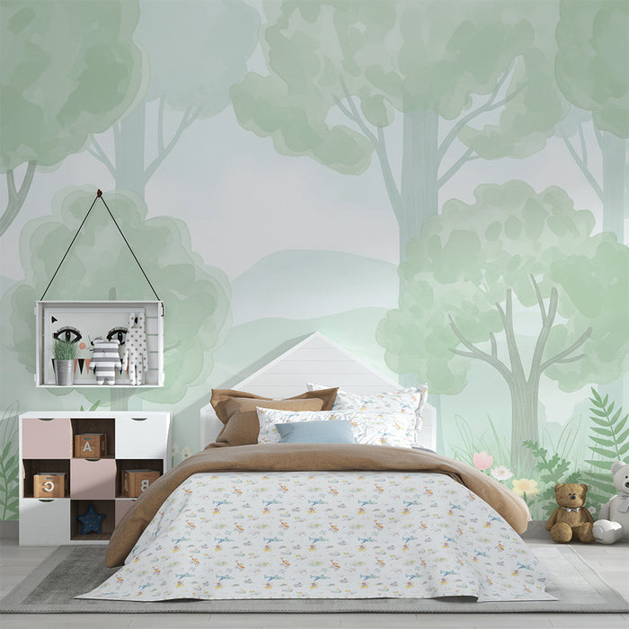 Papel de parede para quarto de bebé | Floresta suave com árvores e flores pastel