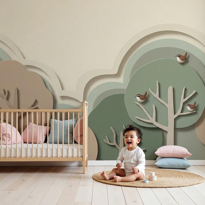 Behang babykamer | Zachte bos met bomen en vogels in reliëf