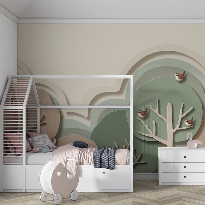 Behang babykamer | Zachte bos met bomen en vogels in reliëf