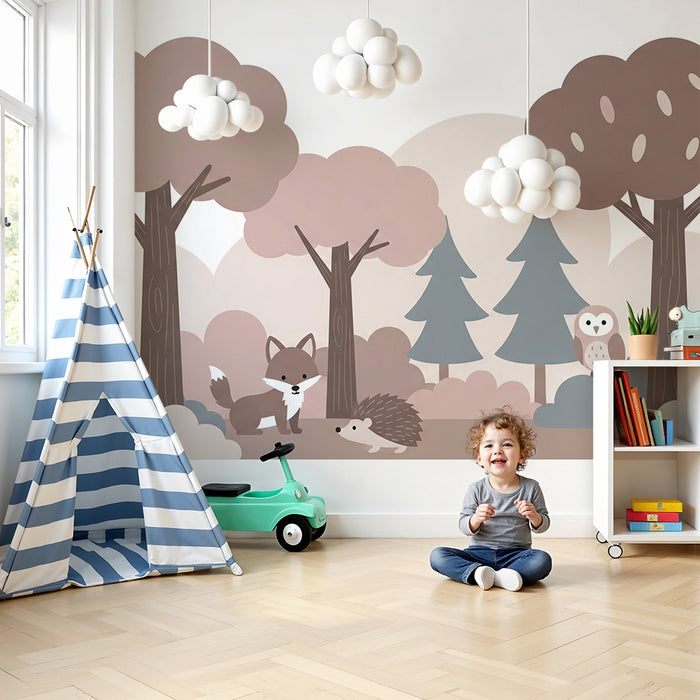 Babyzimmer Tapete | Sanfter Wald mit Fuchs, Igel und Eule