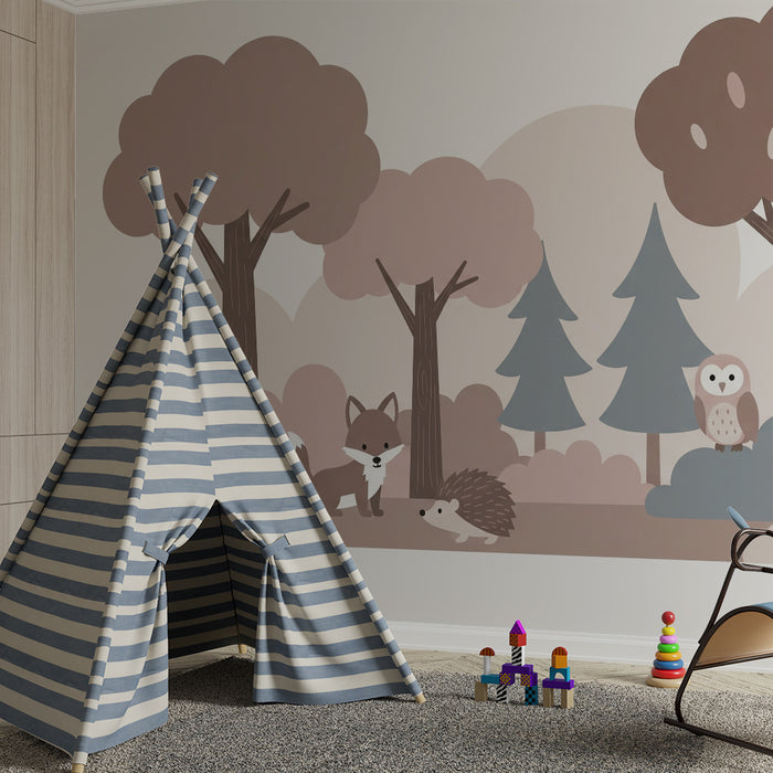 Babyzimmer Tapete | Sanfter Wald mit Fuchs, Igel und Eule