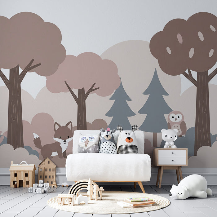 Babyzimmer Tapete | Sanfter Wald mit Fuchs, Igel und Eule