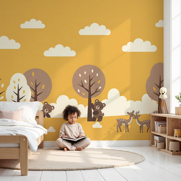 Papier peint chambre bébé | Forêt douce avec renards, ours et cerfs
