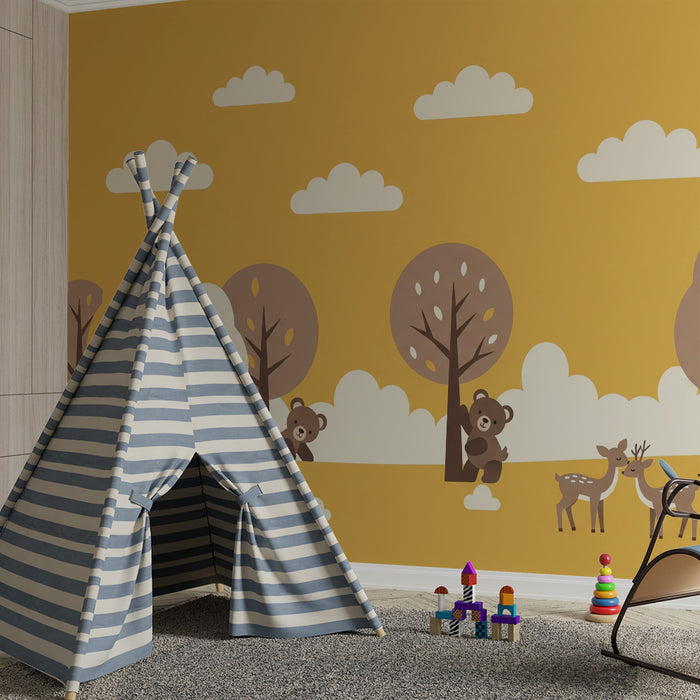 Papier peint chambre bébé | Forêt douce avec renards, ours et cerfs