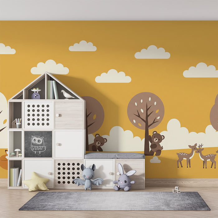 Papier peint chambre bébé | Forêt douce avec renards, ours et cerfs