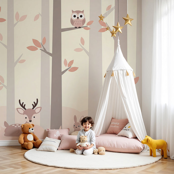 Lastenhuoneen tapetti | Lempeä metsä jossa on peura, pupu ja pöllö