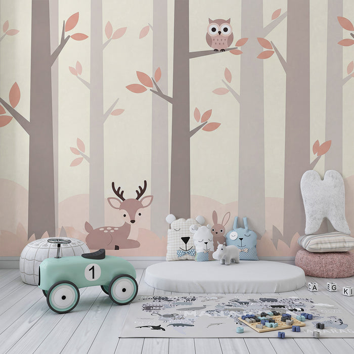 Lastenhuoneen tapetti | Lempeä metsä jossa on peura, pupu ja pöllö