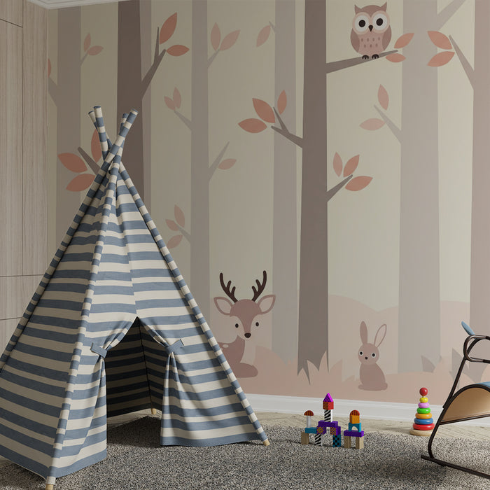 Lastenhuoneen tapetti | Lempeä metsä jossa on peura, pupu ja pöllö