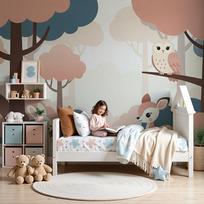 Papel pintado para habitación infantil | Bosque suave con un conejo, un ciervo y un búho