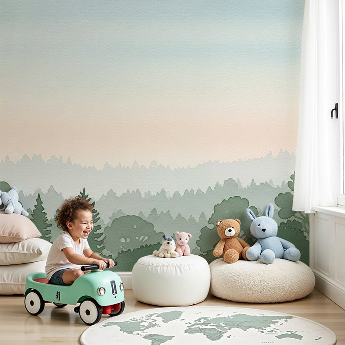 Lastenhuoneen tapetti | Lempeä ja rauhallinen metsä vihreän sävyissä