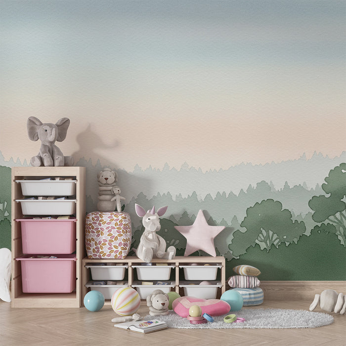 Lastenhuoneen tapetti | Lempeä ja rauhallinen metsä vihreän sävyissä