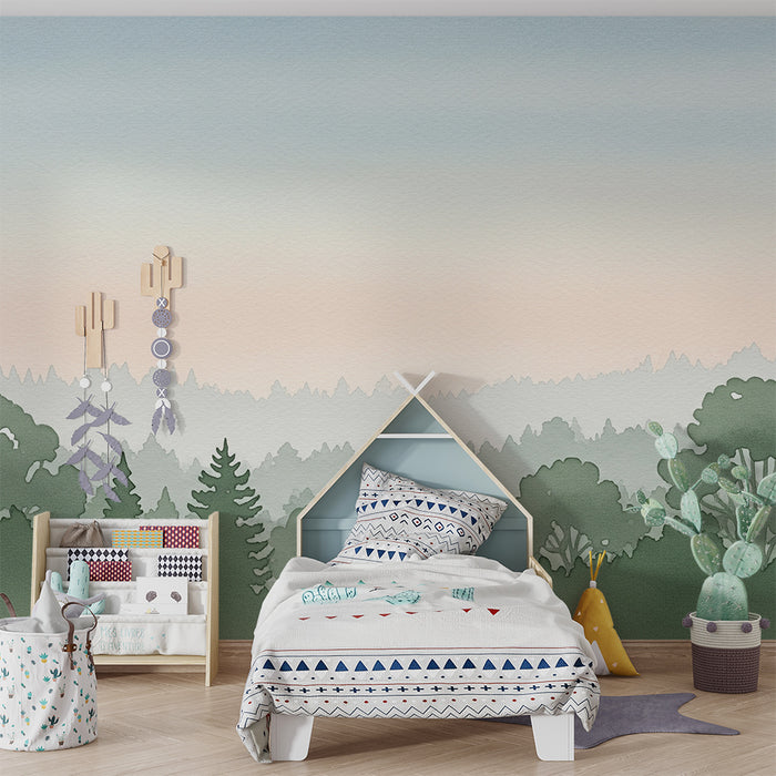 Lastenhuoneen tapetti | Lempeä ja rauhallinen metsä vihreän sävyissä