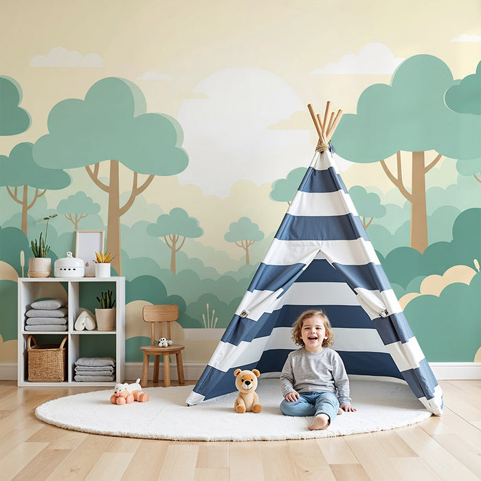 Papel pintado infantil | Bosque suave y tranquilo con árboles estilizados