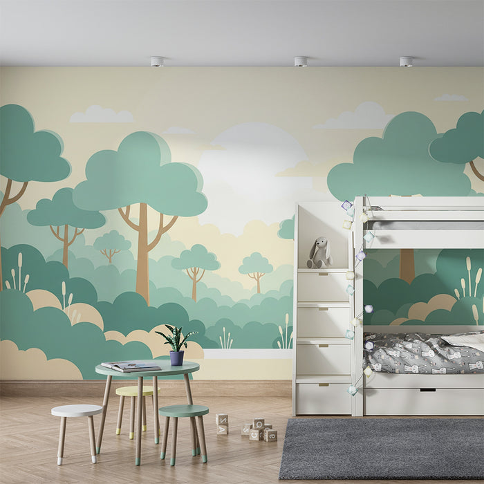 Papel pintado infantil | Bosque suave y tranquilo con árboles estilizados