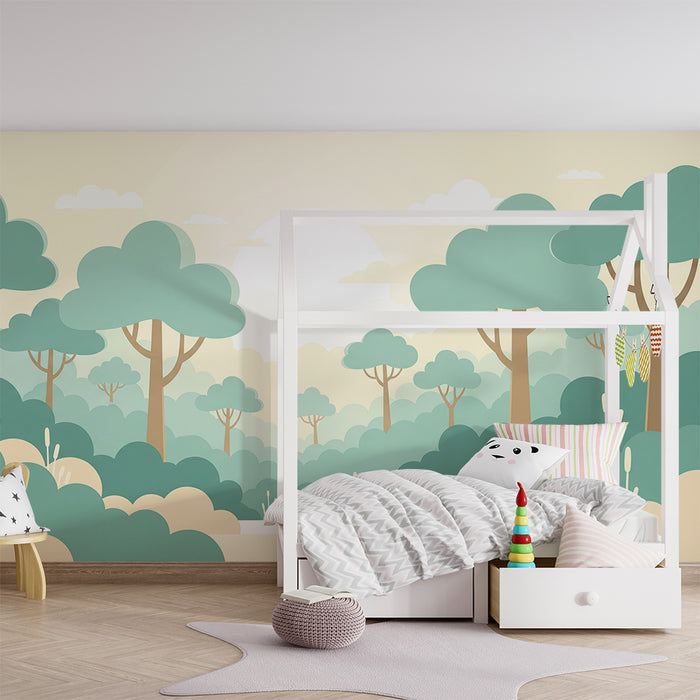 Papel pintado infantil | Bosque suave y tranquilo con árboles estilizados